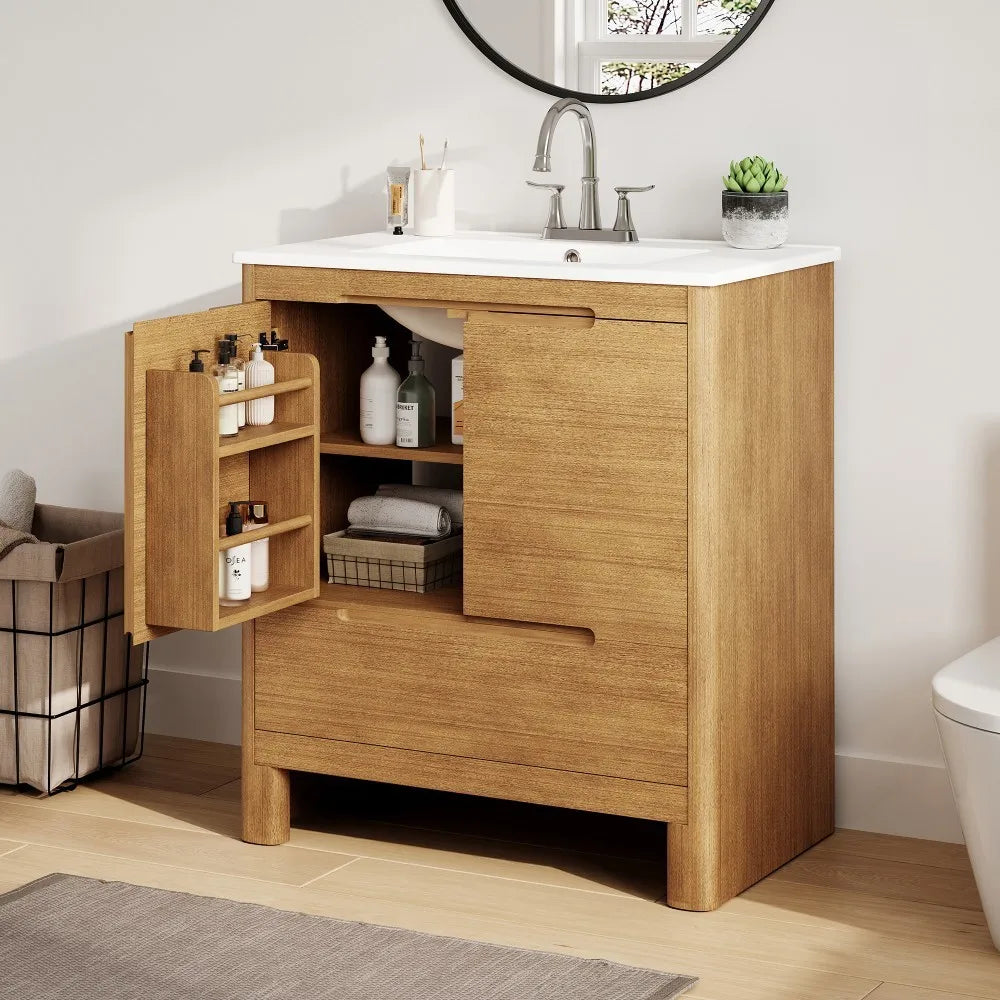 30" Modern Bathroom Vanity with Ceramic Sink, Natural Wood Grain
