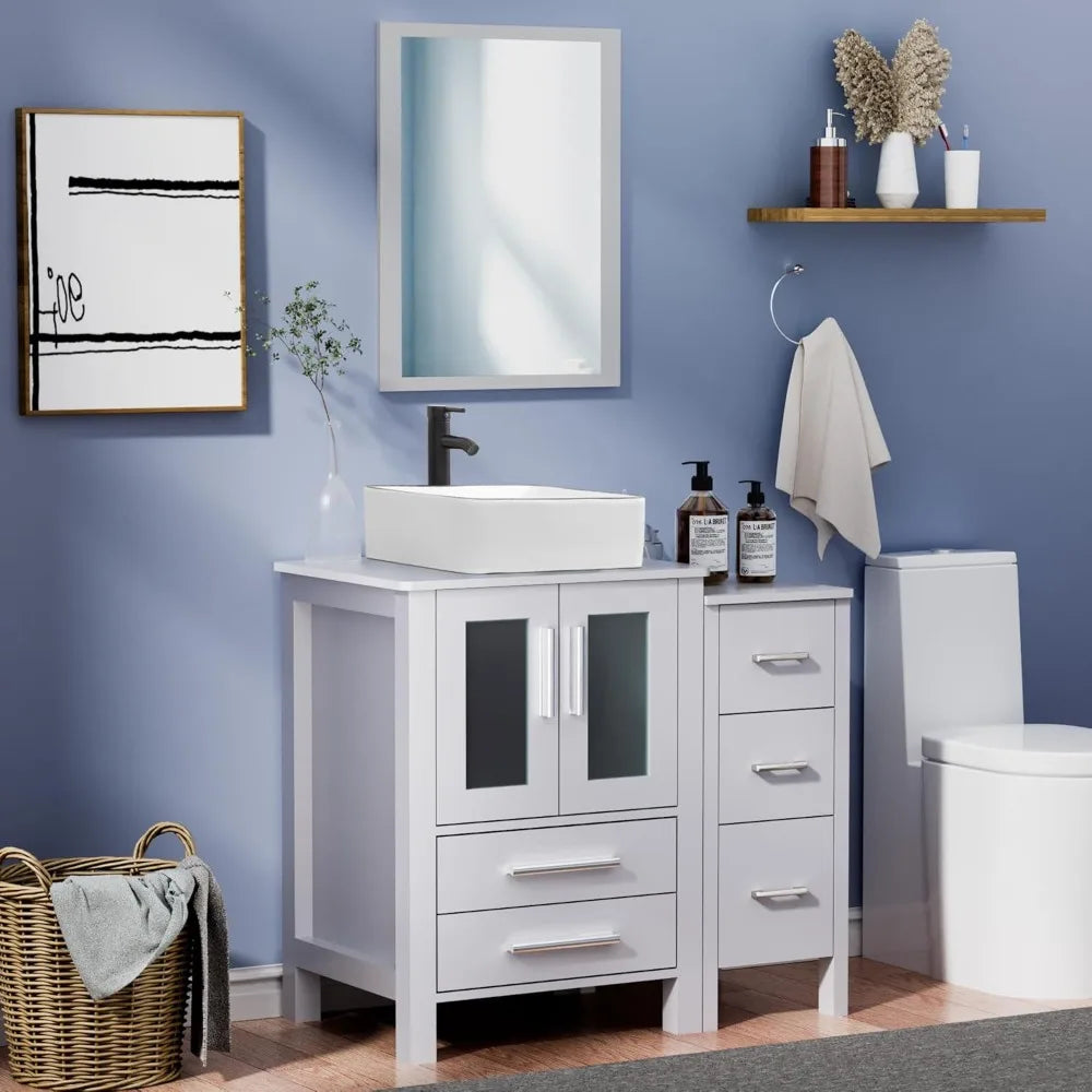 36" Grey Bathroom Vanity with Vessel Sink and Side Drawers
