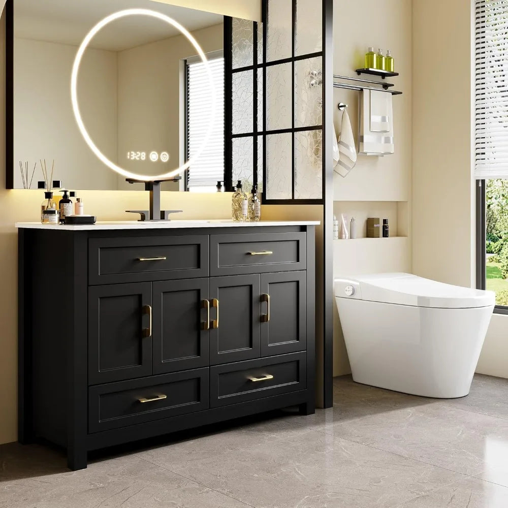 48" Black Freestanding Bathroom Vanity with Sink and 4 Drawers