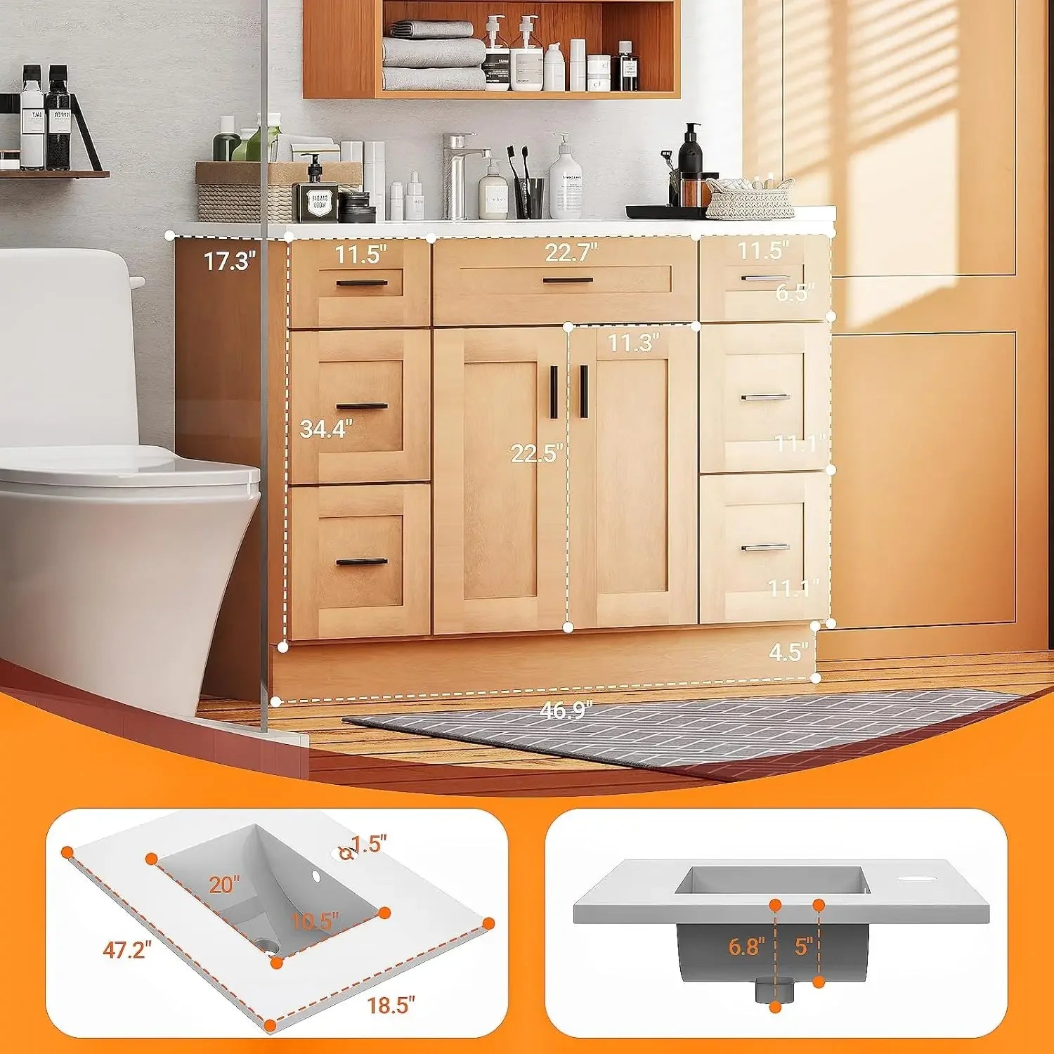 48" Solid Wood Bathroom Vanity with Ceramic Sink and 6 Drawers