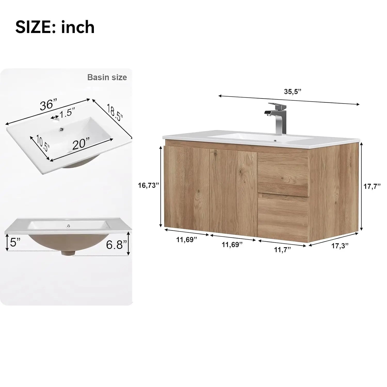 36" Floating Bathroom Vanity with Ceramic Sink