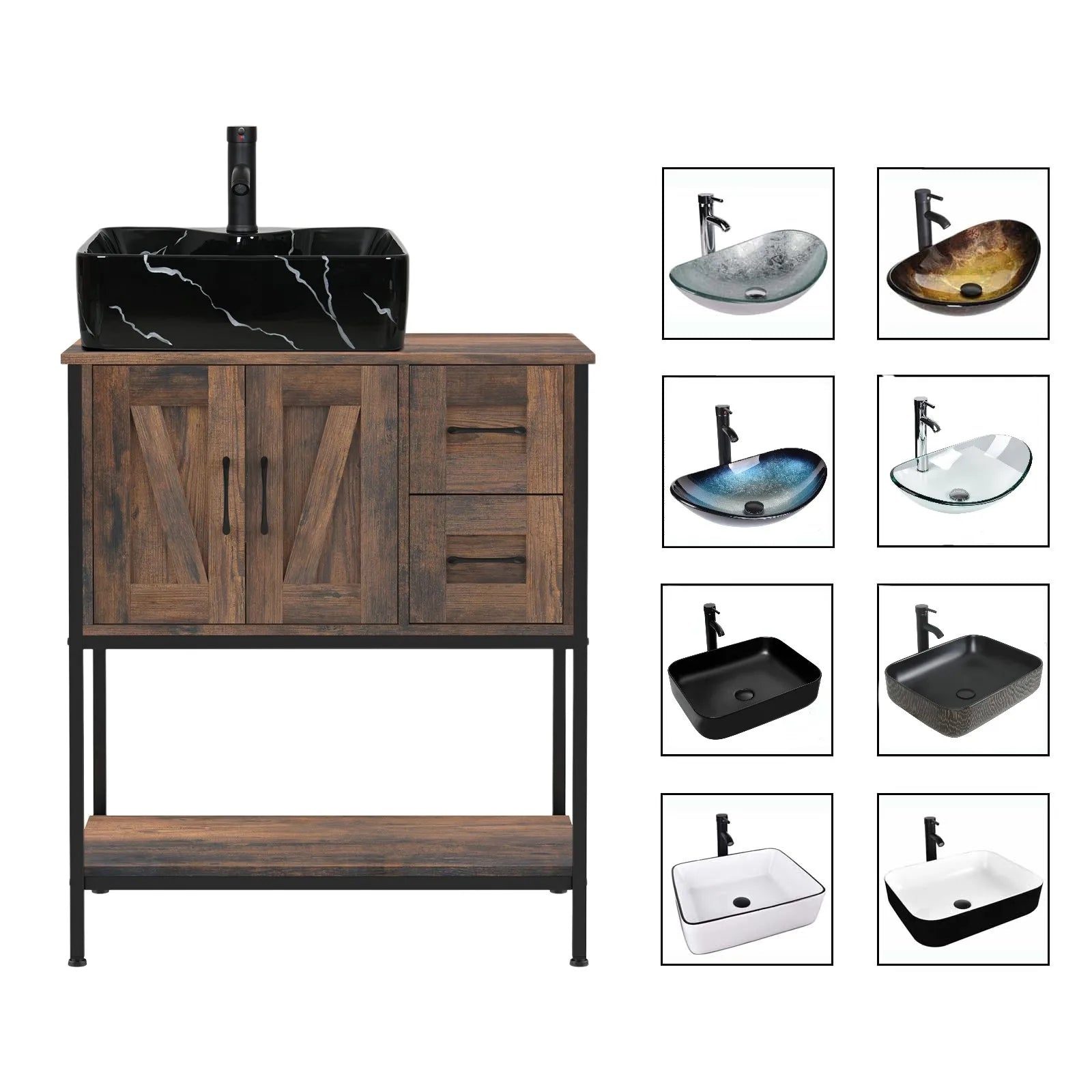 30" Modern Bathroom Vanity with Vessel Sink, 2 Drawers & Open Shelf