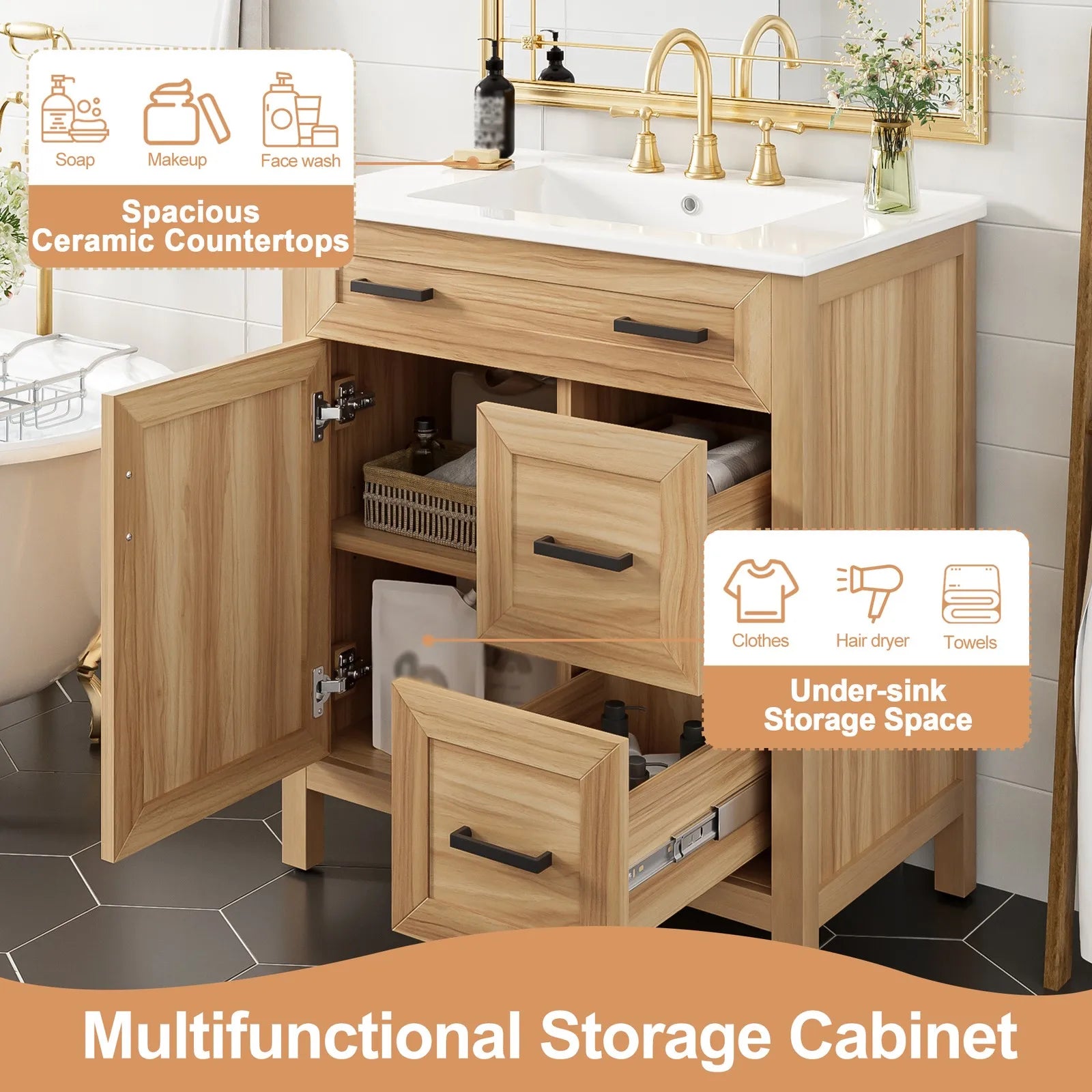 30" Freestanding Bathroom Vanity with Ceramic Sink