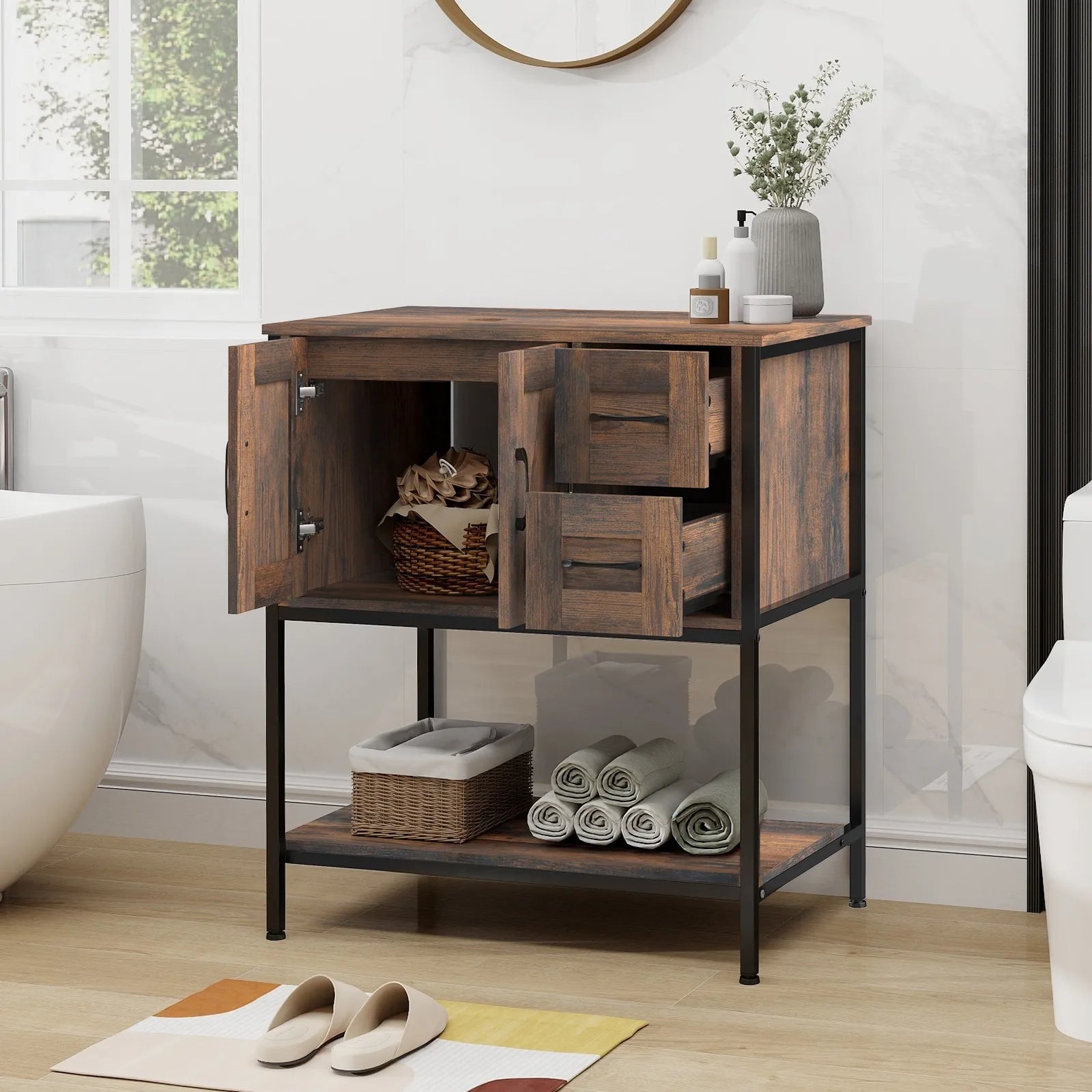 30" Modern Bathroom Vanity with Vessel Sink, 2 Drawers & Open Shelf