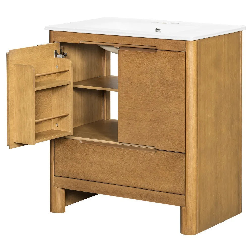 30" Modern Bathroom Vanity with Ceramic Sink, Natural Wood Grain