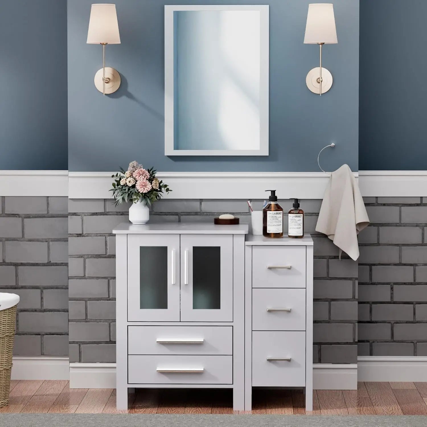 36" Grey Bathroom Vanity with Vessel Sink and Side Drawers