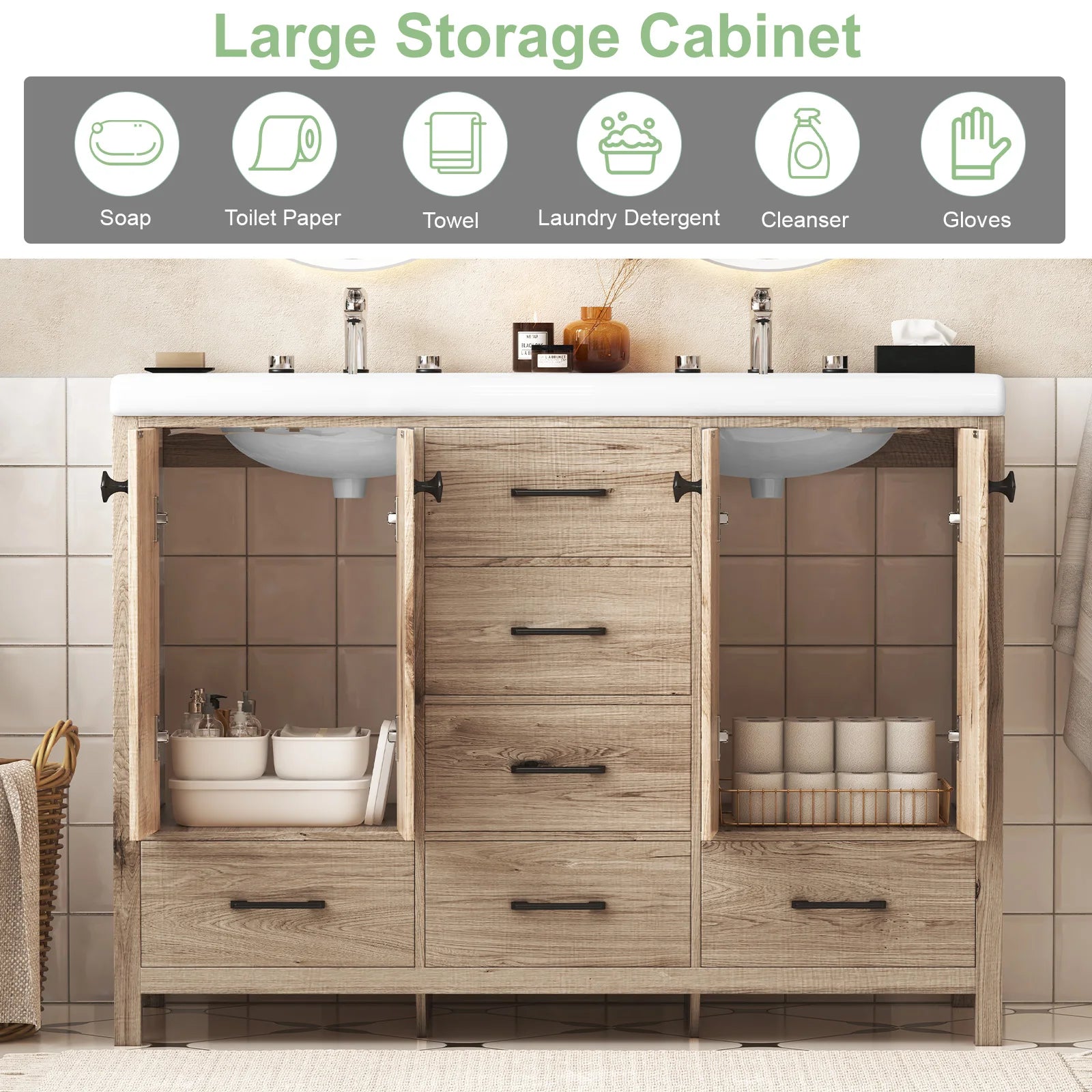 47" Double Bathroom Vanity with Ceramic Sinks and Drawers