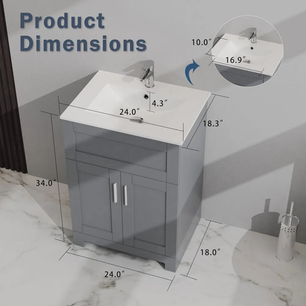 24" Grey Bathroom Vanity with Ceramic Sink