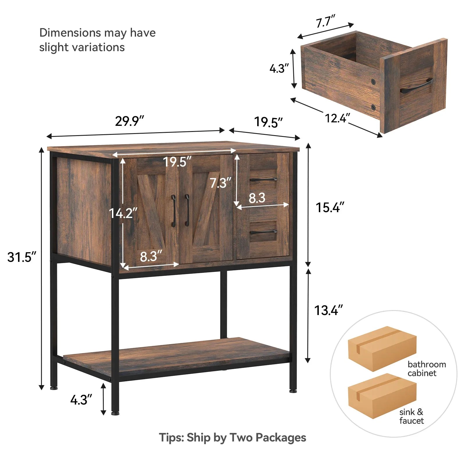 30" Modern Bathroom Vanity with Vessel Sink, 2 Drawers & Open Shelf
