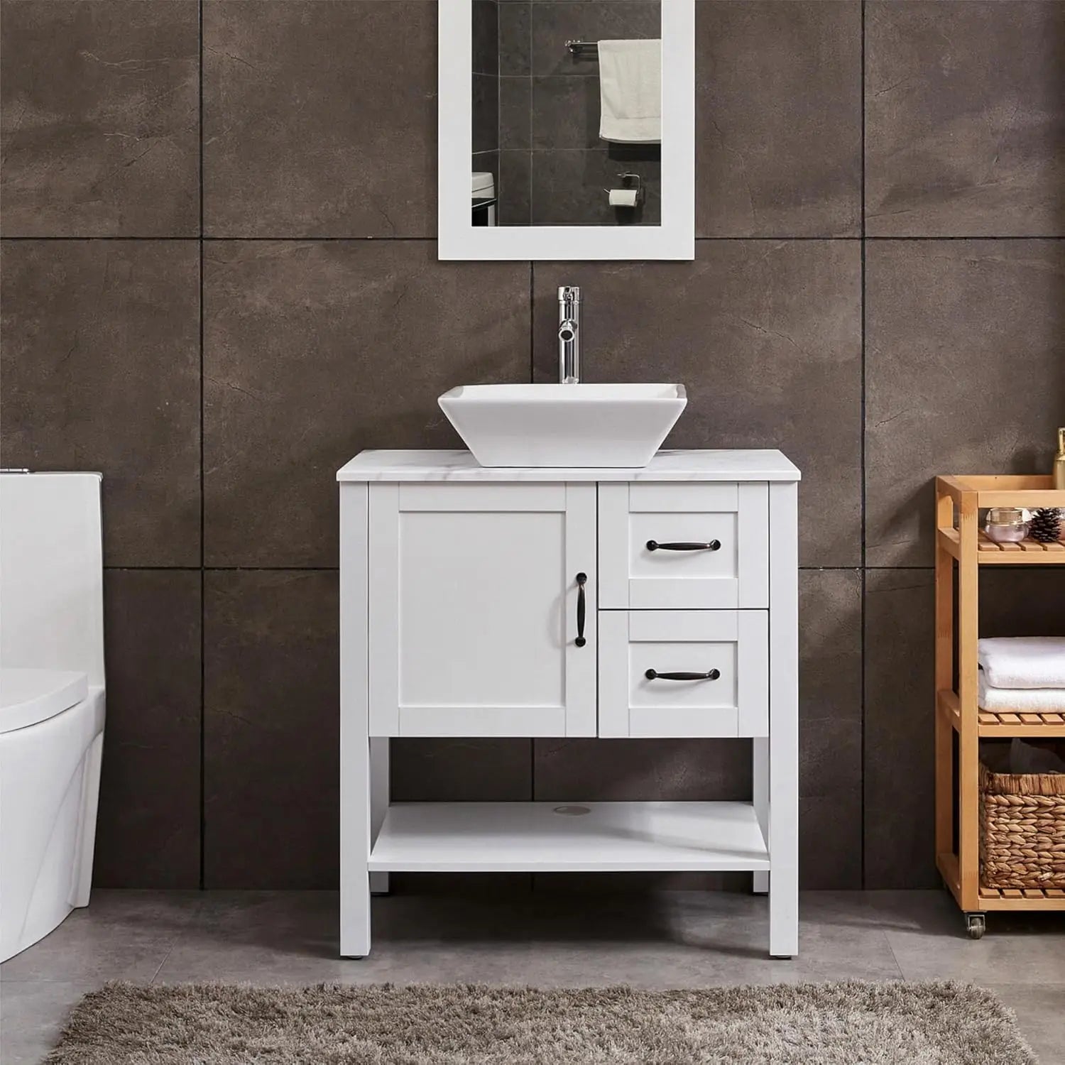 30" White Bathroom Vanity with Vessel Sink, Faucet, and Mirror