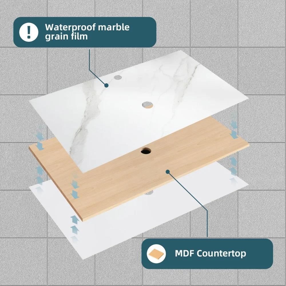 30" White Bathroom Vanity with Vessel Sink, Faucet, and Mirror