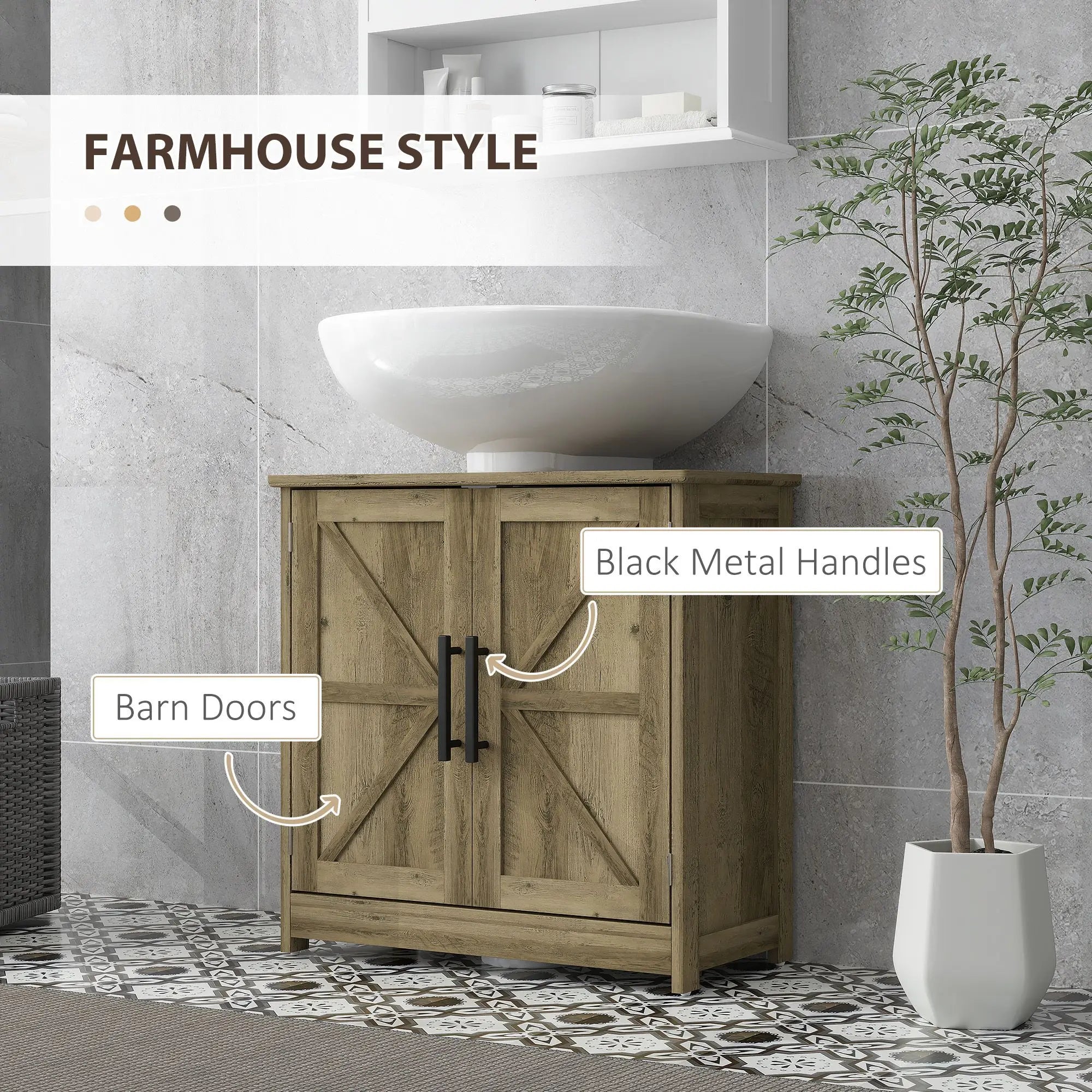 Farmhouse Pedestal Sink Storage Cabinet with Barn Doors & Adjustable Shelf