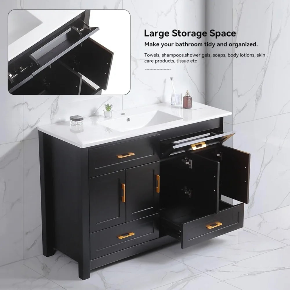 48" Black Freestanding Bathroom Vanity with Sink and 4 Drawers