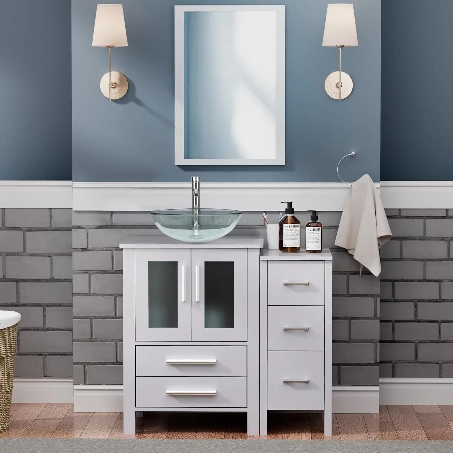 36" Grey Bathroom Vanity with Vessel Sink and Side Drawers
