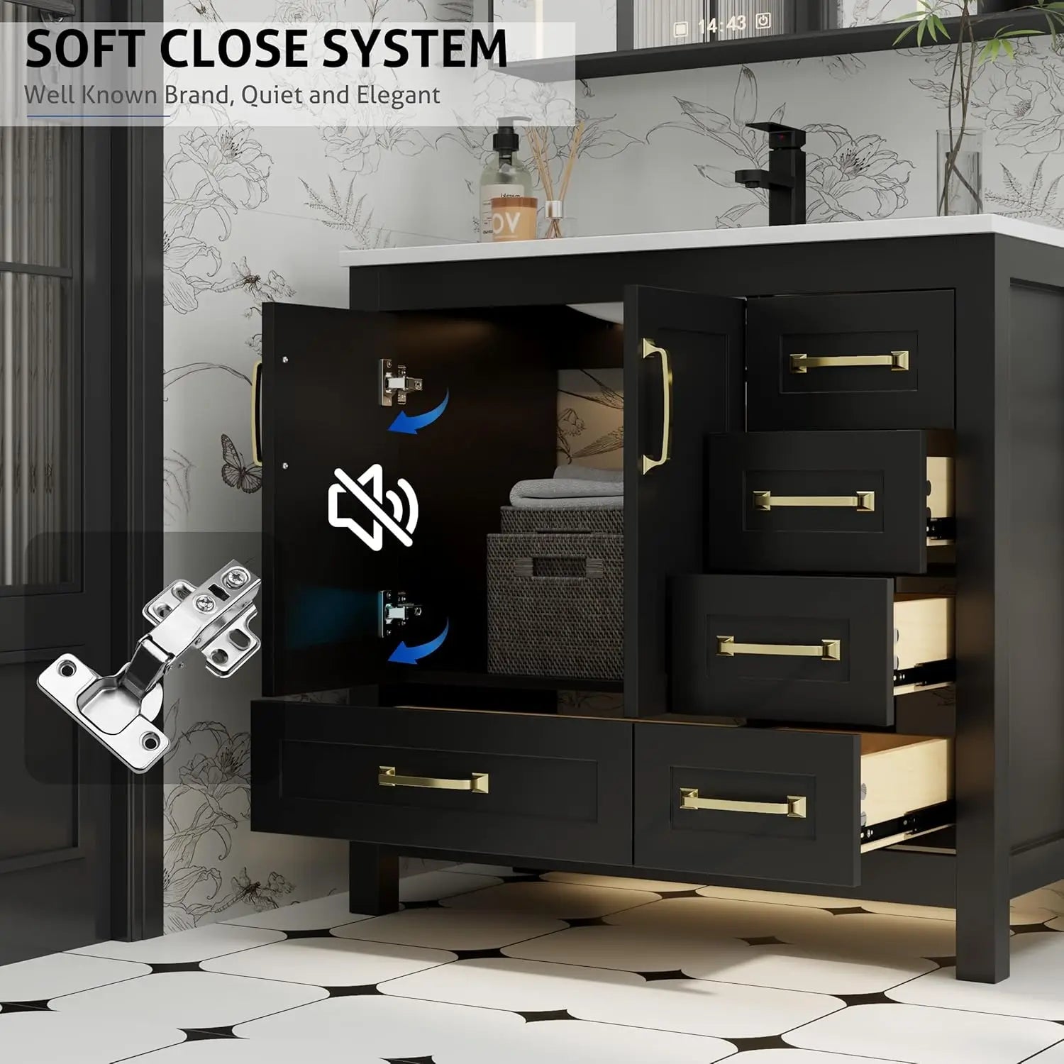 36" Black Bathroom Vanity with Undermount Sink and Matte Black Faucet