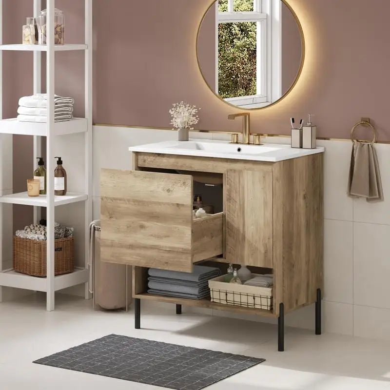 30" Modern Wood Bathroom Vanity with Sliding Drawer, Open Shelf & Ceramic Sink